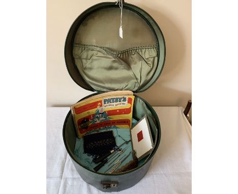 Vintage hat box and contents to include beadwork bag. Patsy's Christmas Reflections, Learn to Cook by Pictures booklet, Wade 