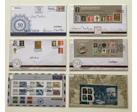 A collection of 11 First Day Covers relating to Stamps signed by Alice, Henry, Louis Machin and Dominic Newton, Louis Machin,