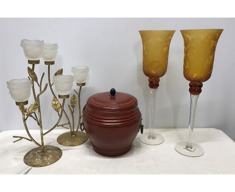 Chinese red lacquered wood lidded container jar with blue glass knob 21cms h, pair of tall tea light candle sticks, amber gla