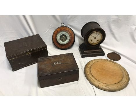 Victorian inlaid circular wall barometer 21cms w, oak cased Ansonia mantle clock, pine bread board. Mother of pearl inlaid bo