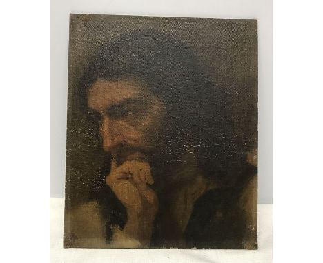Oil painting on canvass laid on board, a portrait of a gentleman in thinking pose, unsigned 26 w x 32cms. Condition ReportSom