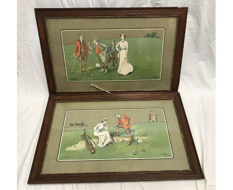 Pair of oak framed humorous golfing prints. Lionel Edwards 1904. A Threesome and Stymied. 37 h x 60cms w in 4.5cm frames. Con