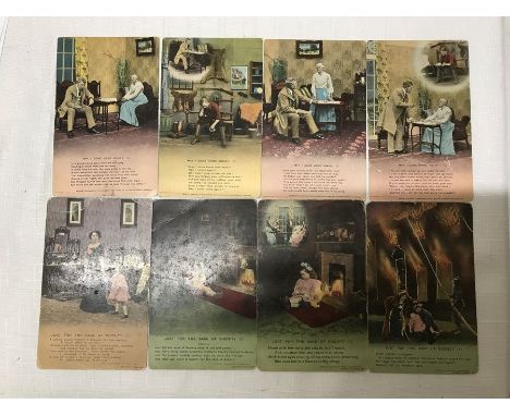 Collection of eight Bamforth series postcards. Just for the sake of Society x 4 and May I come Home x 4. Condition ReportThre
