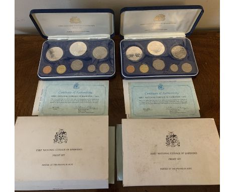 Two Franklin Mint first national coinage of Barbados proof sets 1973 including .925 and .800 silver. Both with certificates, 