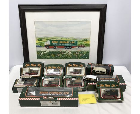 Corgi diecast vehicles collection of Eddie Stobart Road Haulage truck and vans boxed together with a framed watercolour paint