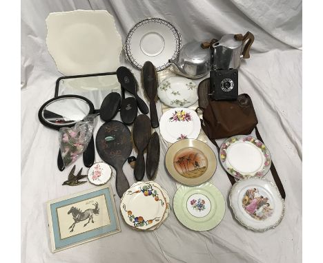 Mixed selection. Ebony vanity mirrors and brushes. Piquot ware tea and coffee pots, small Chinese print Warwick No 2 camera. 