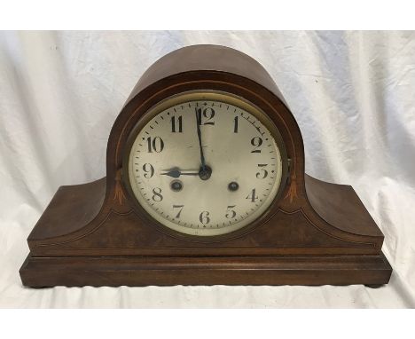Mahogany inlaid Mantel clock DRGM movement, steel face. 41 w x 25 h x 13cms d. Condition ReportFairly good condition, no dama