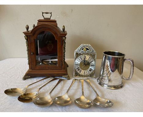 Miscellany to include six plated soup spoons, plated inscribed tankard and modern mantle clock.Condition ReportClock works ha