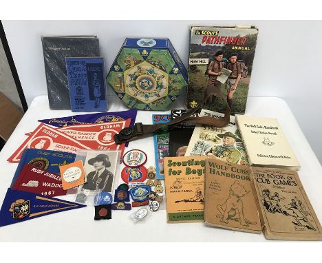 Boy Scouts and Girls Guide collection. Boy Scout belt with buckle, books inc. Scouting for Boys, Girls Guide tin pin badges a