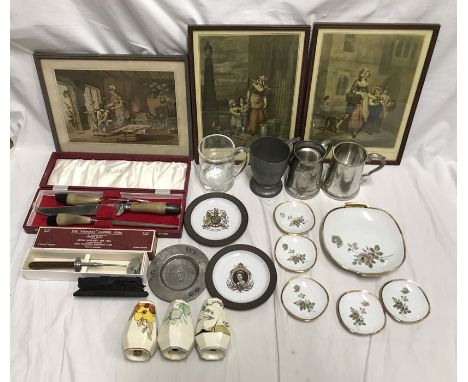 Mixed lot. 3 x prints. 18thC scenes. Butlers horn handled carving set, Kithurst carving fork. Pewter, plate and glass mugs. H