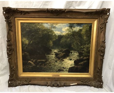 Large ornate gilt framed oil painting on canvas, John Brandon Smith, on the Lyn, Devon 1882, 50 h x 68cms w. Condition Report