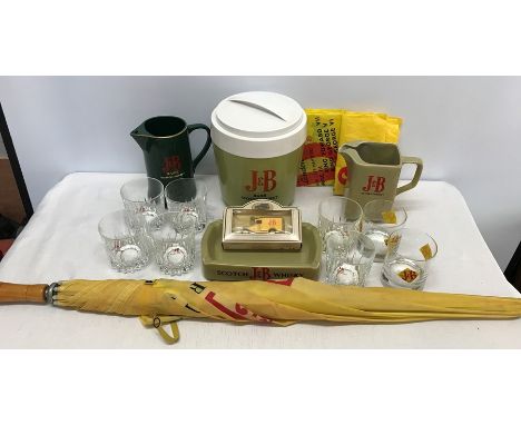 Breweriana advertising selection J and B rare scotch whisky, ice bucket, jugs, ashtray, umbrella. whisky tumbler glasses, die