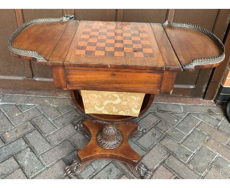 A 19thC sewing/games table. drop down leaves, pull out fabric covered box. Condition ReportLosses to veneer, side back to the