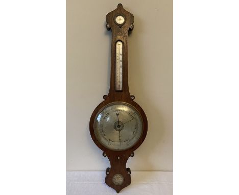 A 19thC rosewood, banjo barometer. William Hanson Hexham, 2 dial. 104 h x 33cms w. Inlaid with mother of pearl rounds. Condit