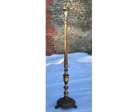 Gilt painted wooden standard lamp, Corinthian column, floral leaf  base. 160 h to light  fitting, base width approx. 42cms. C