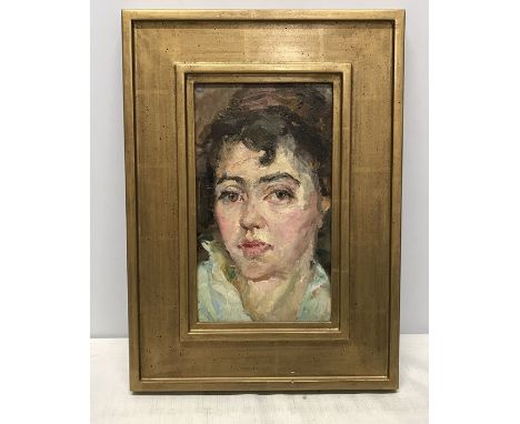 Oil painting on board by Irena Kovaleva, Repin Academy St Petersburg, self portrait, 1952. 25.5 h x 14.5cms w in a gilt frame