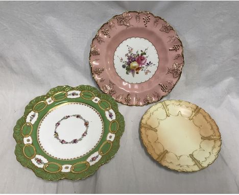 Three decorative plates, Royal Crown Derby Vine pattern, pink and gilt border with floral panel 22cms w, small Royal Worceste