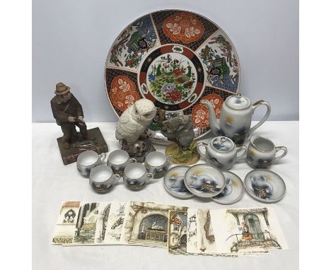 Pottery selection, large Chinese decorative charger 36cms w, Aynsley figures, Gamekeeper 23cms h, Snowy Owl and Koala Bears, 