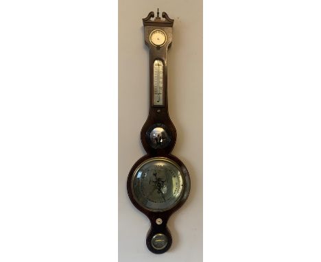 A 19 thC mahogany 5 dial mercurial banjo barometer, 20 cm silvered circular dial, the case with open swan neck pediment and u