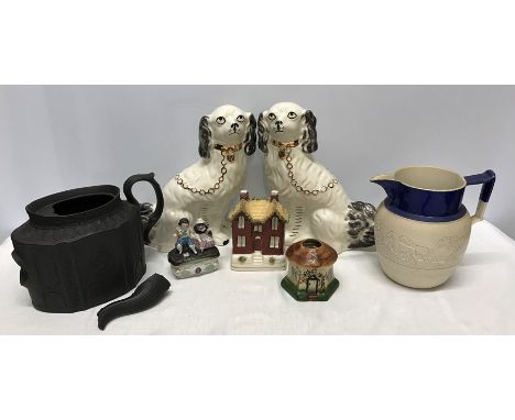 Pottery selection to include pair of reproduction Staffordshire dogs, early Staffordshire house money box, fairing trinket bo