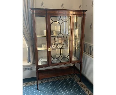 Edwardian mahogany inlaid single door display cabinet with shelf to base. 113 w x 38 d x 179cms h. Condition ReportRepair to 