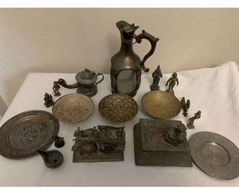 Miscellaneous oriental metal ware included lidded box (hinge a/f) lamp, plates. dishes, decanter etc. 