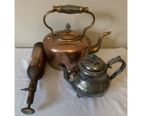 Good quality 19thC copper kettle (ex Rillington Hall, North Yorkshire) Britannia metal teapot and a vintage copper and brass 