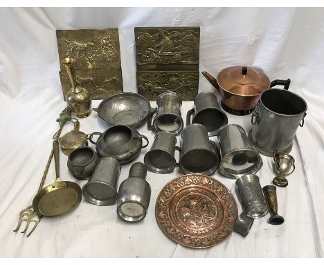 Pewter and brassware. Brass letter racks, Eastern brass vase and bottle with white metal decoration toasting fork, small copp