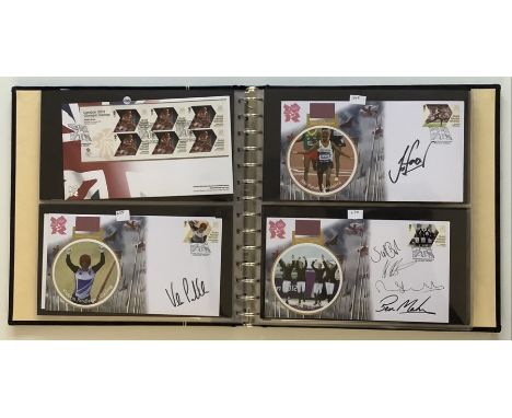 A large collection of Olympic related First Day covers in 2 albums, 74 signed and 68 unsigned. Signatures include Andy Murray