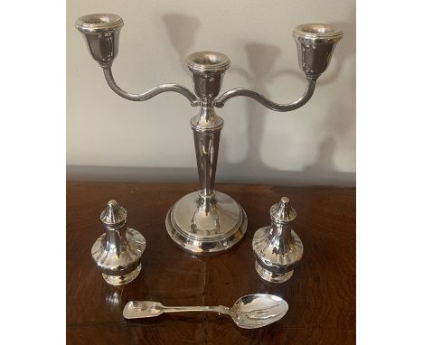 Three branch candelabra, base filled, Birmingham 1997 together with teaspoon, London 1834 and pair of pepperettes Birmingham 
