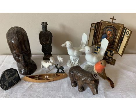 Miscellany to include enamelled icon, Beijing warrior model, two ceramic birds, three white horses etc.Condition ReportChip t