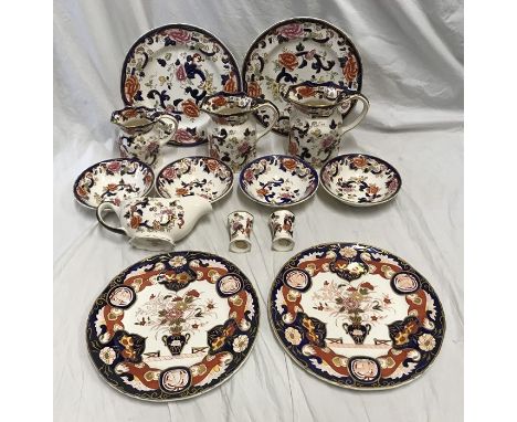 Masons Mandalay pattern dinner ware, 2 large plates 26cms w, three graduating jugs 16cms, 15cms and 13cms h, 4 bowls 16cms, g