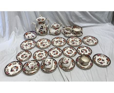 Masons Mandalay tea ware, 26 pieces, tea and coffee pot, milk, sugar bowl, cake plate, 5 side plates 17cms w, 5 smaller side 