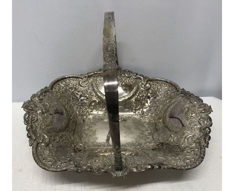 Hallmarked silver swing handled basket on pedestal base support, pierced decoration. H.A Sheffield 1896, approx 1156gms. Cond