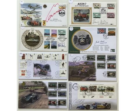 A collection of 11 First Day Covers and Issues relating to Motor Racing signed by Gina Campbell; Stirling Moss and Michael Tu
