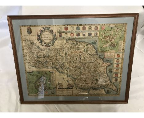 A John Speed framed map of The North and East Riding of Yorkshire, first edition 1611, printed to the back with list of place