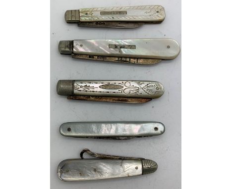 Three mother of pearl and hallmarked silver fruit knives, double bladed, mother of pearl penknife and a mother of pearl and s