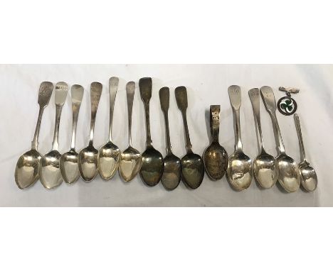 Assorted Hallmarked silver, 12 Georgian silver teaspoons. Differing years and makers, a caddy spoon, one teaspoon Sheffield 1