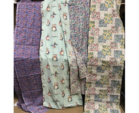 Selection of mid century printed cotton materials, printed Dutch girl and geese 186cms l x 120cms w. Two floral pattern purpl