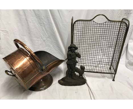 Copper coal bucket 29cms h x 49cms l, a cast iron doorstop, gentleman with a dog 33cms h and a brass framed threefold firescr