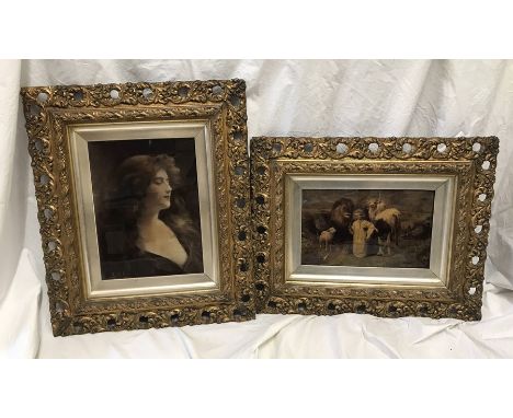 Two gilt framed crystoleums. Portrait of a young lady. A Asti copyright 1901, 27 h x 20cms w and young girl with wild and far