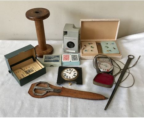 Miscellany to include Kodak camera, long wooden box, skewer, Weston Master light meter, playing cards, steel scissors in leat