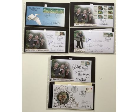 A collection of 9 First Day Covers and 1 signed postcard relating to Last of the Summer Wine signed by Bill Owen, Frank Thorn