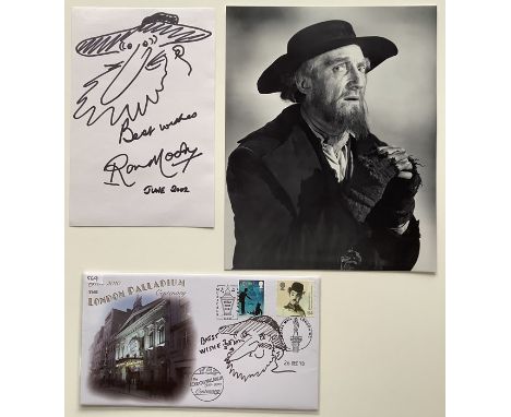 A collection of 3 Ron Moody items to include 2 signed hand-drawn sketches, 1 on a First Day Cover (stamped 26th December 2010