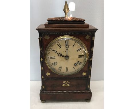 Early 19thC fusee bracket clock, mahogany cased with brass inlay, marked Smith to the face, 37cms h not including finial, 22c