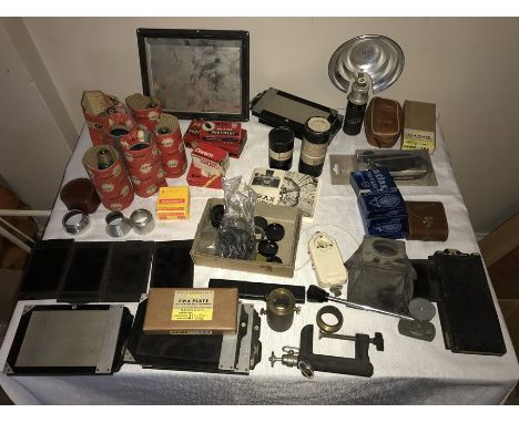 Miscellany including vintage camera accessories Kobold, Sixtomat, Ilford, Kodachrome etc.