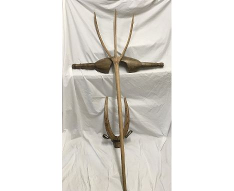 A pine milk Yolk bucket carrier 89cms w, a large three spring wooden fork and another pine farming item. Condition ReportYolk