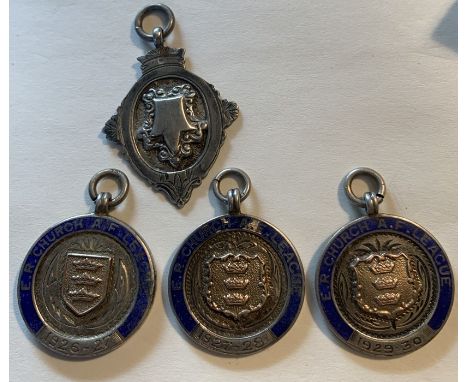 Four various silver and enamel medals. 3 x East Riding Church A.F league 1926-27, 27-28, 29-30 and a single one. 34.8gms tota