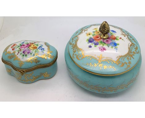 Two French dressing table items by Limoges. One circular powder bowl, 13cms d, the other a small trinket box 10 x 7cms. Both 