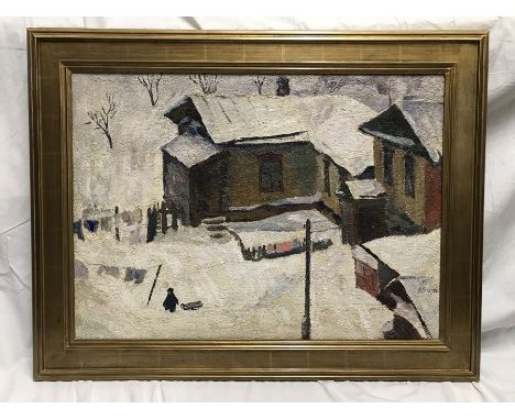Large oil painting on canvas, indistinctly signed, lower right. Winter Village scene with child pulling sled. 54 h x 74cms, p